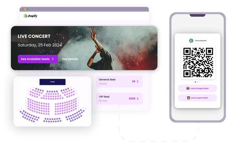 Ticket Spot Shopify integration showing ticket selector and event management